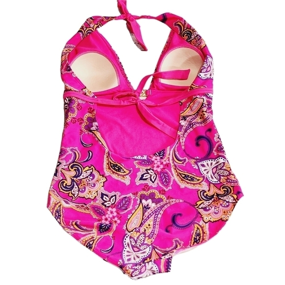 JACLYN Smith Plus Size Pink Paisley One Piece Tie Backs Swim Suit Size 14 - Picture 4 of 9